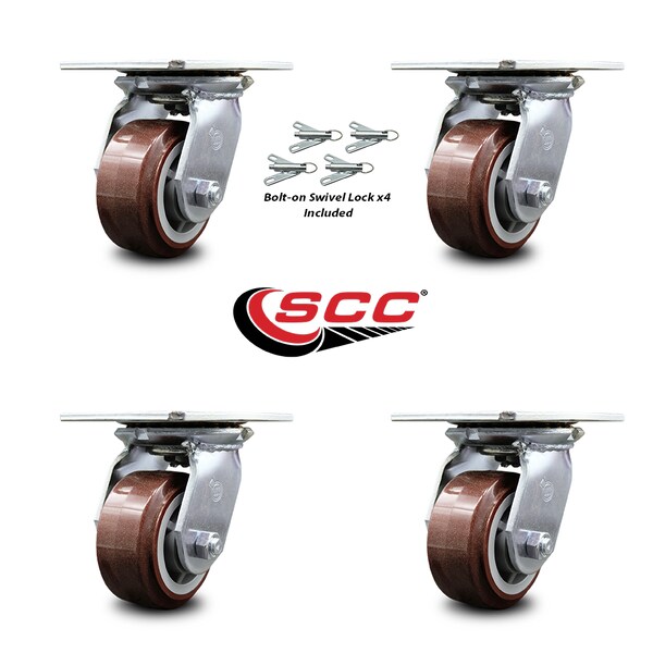 4 Inch Polyurethane Caster Set With Ball Bearings And Swivel Locks SCC